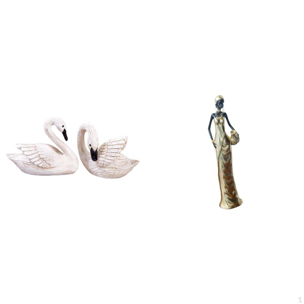 Elegant Swan Couple Resin Sculptures And African Tribal Lady Statue Vintage Figurine for Bedroom