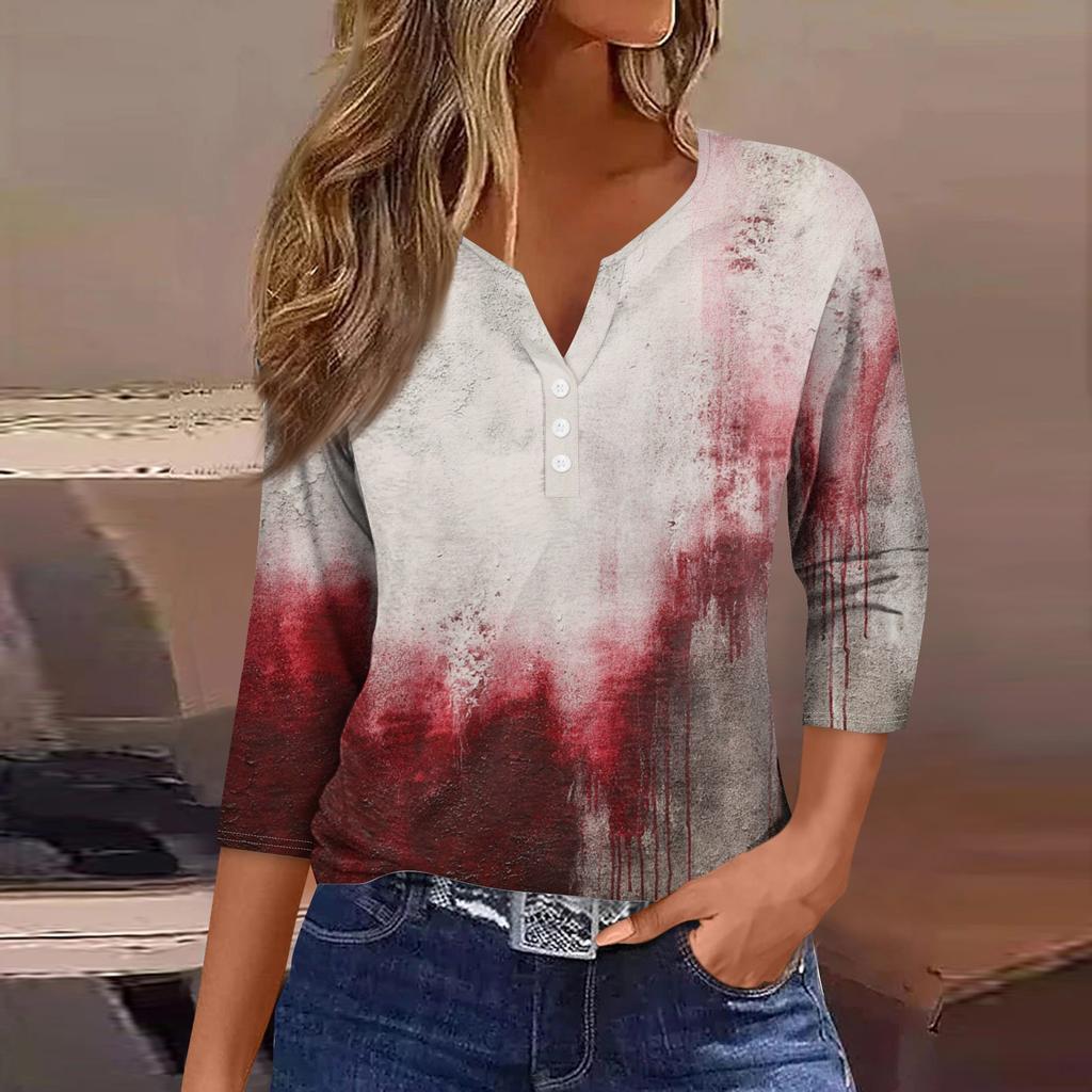 Damesmode Casual Halloween Print V-hals Korte Mouw Decoratieve Knop Driekwart Mouw T-shirt Top