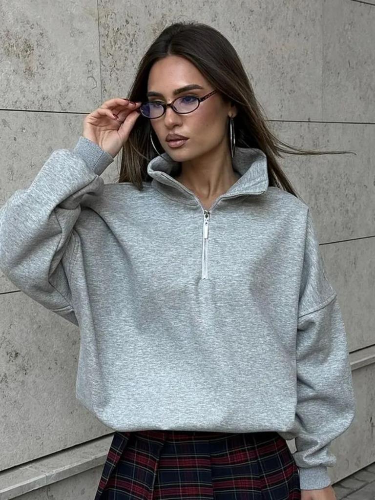 Solid Color Outer Wear Half Zipper Stand Collar Fashionable Trend Lapel Sweatshirt Loose Top