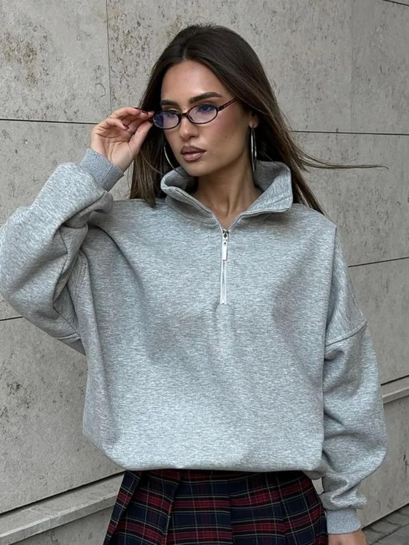 

Однотонная верхняя одежда на половину молнии со стойкой воротником, модный трендовый свитшот с лацканами, свободный топ L