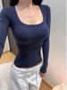 Women's Spicy Autumn/Winter Slim Fit Shoulder T-shirt - Solid Color Long-Sleeve U-Neck