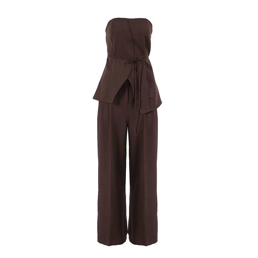 European and American brown tube top wide-leg pants two-piece set women's summer fashion vest set design sense women's clothing