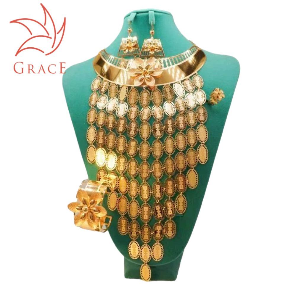 Arab Dubai Gold Plated Jewelry Tassel Necklace Earrings Set Kenyan Ethnic Style African Wedding Jewelry Women