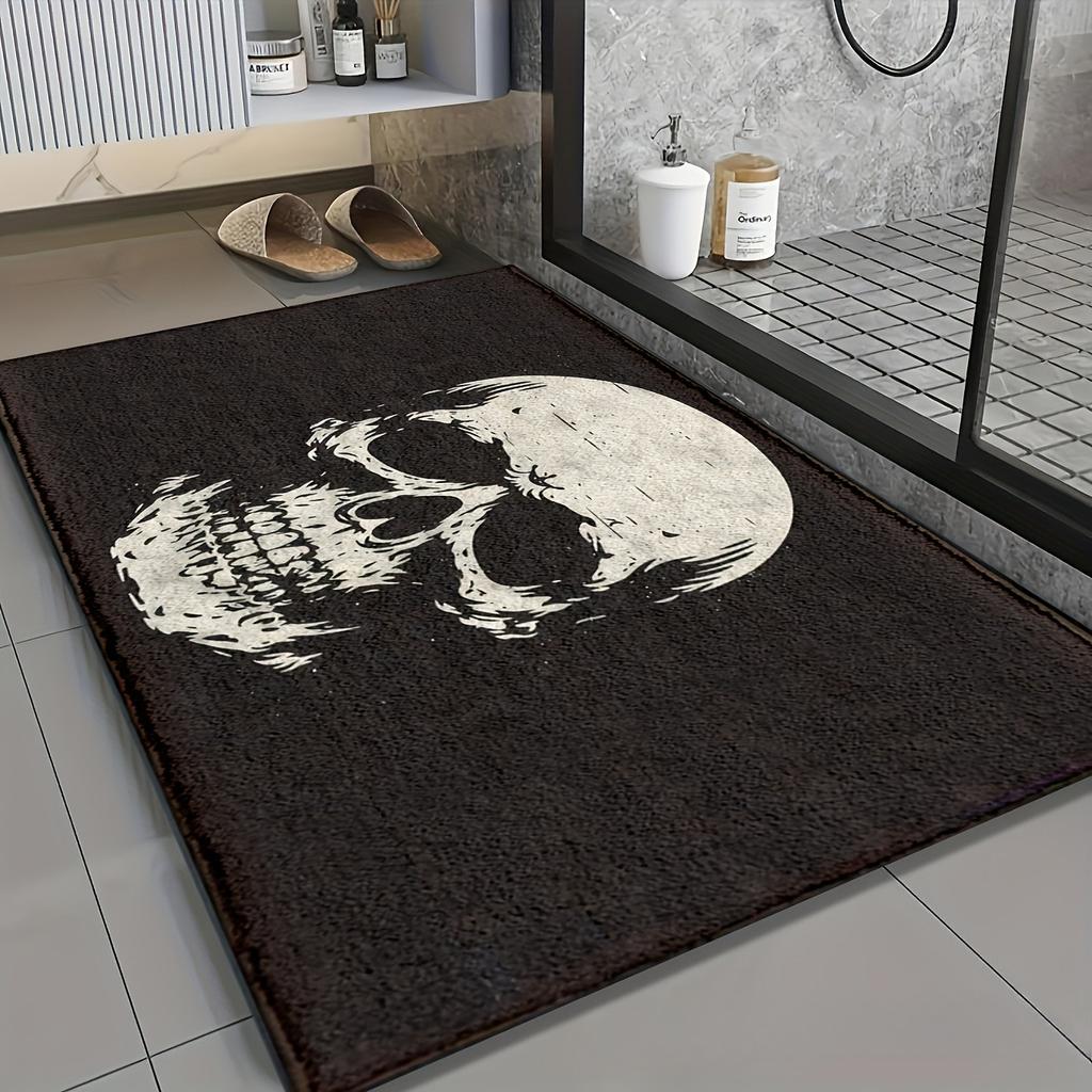 Gothic Christmas Floor Rug Spooky Skeleton Wearing Santa Hat Dark Style Merry Christmas Slogan Decor Area Rug for Porch Ornament