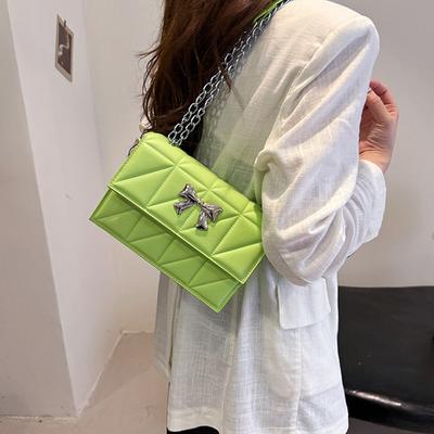 Fashion Plaid PU Leather Crossbody Bags For Women  Bow Square Chain Strap Shoulder Bag Designer Ladies Handbags