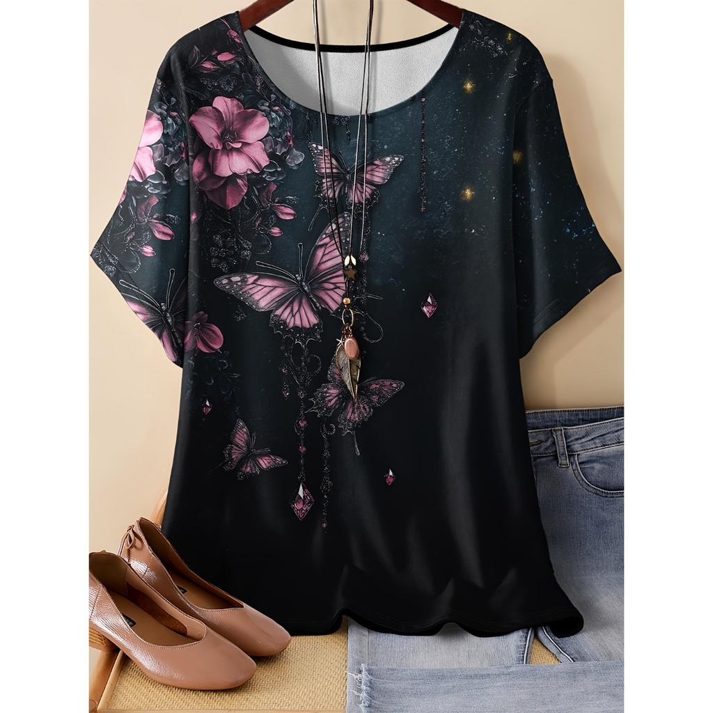 Summer Round Neck 3D Flower Pattern Print Top Fashionable Casual Short Sleeved Women's T-shirts