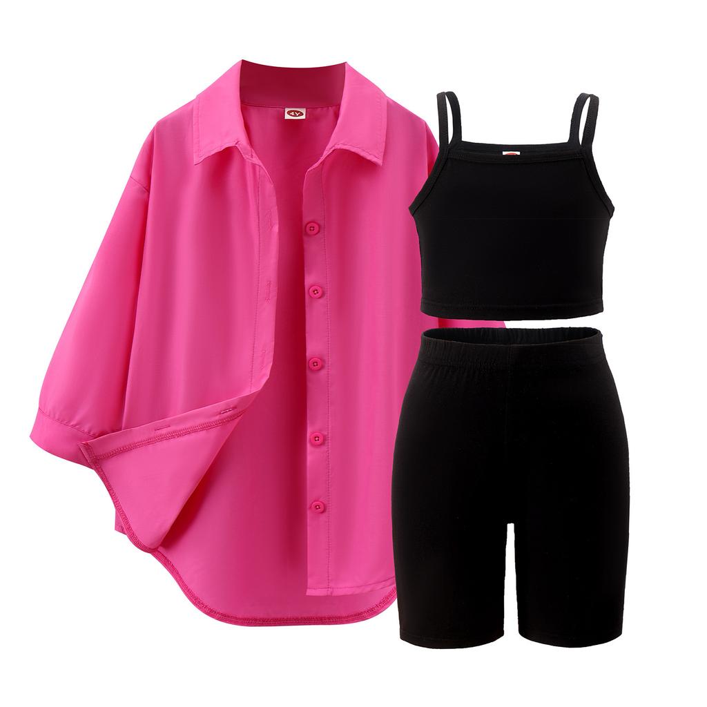 Girls' Leisure Suit Spring and Autumn Children's Solid Color Suspenders + Quarter Pants + Long Sleeve Jacket Three-piece Set