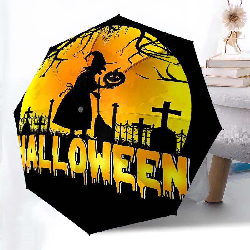 Halloween Castle  Themed Folding Umbrella Fashion Auto-Open 8 Iron Ribs Plastic Handle Foldable Sunshade Perfect Christmas Gifts