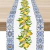 Summer Lemon Blue Tiles Linen Table Runner Party Decor Watercolor Floral Fruit Leaves Kitchen Dining Table Runners Home Decor