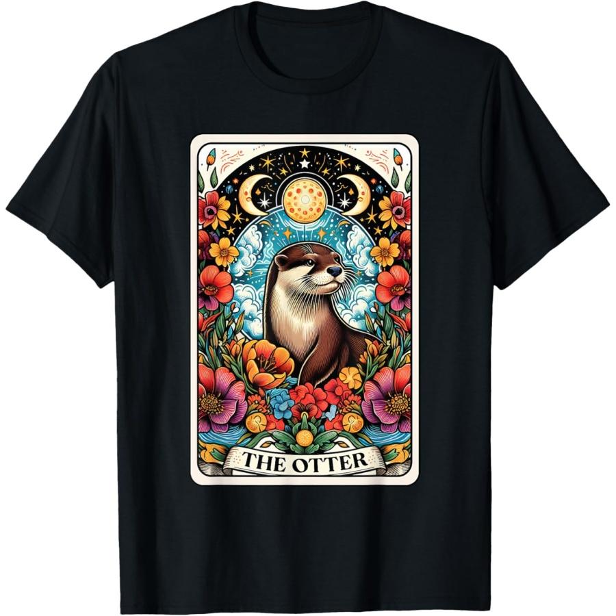Unisex-Adults Otter Tarot T-Shirt Black Short Sleeve Classic Fit Polyester 100% Cotton Blend Modern Classic Animals Cartoon T-Shirt Small XXXXXL чёрный
