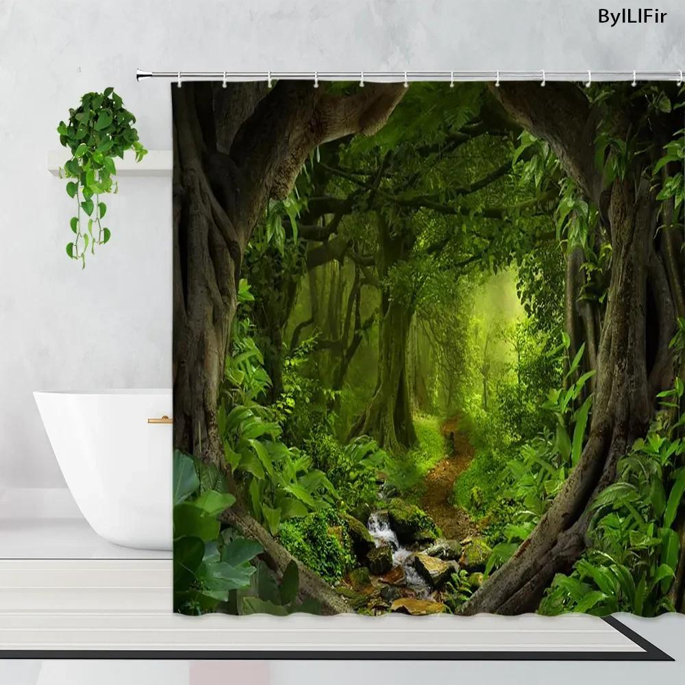 unframed Tropical Forest Shower Curtain, Nature Scenery Green Tundra Forest Waterfall River Animal Bridge, Bathroom Decorative