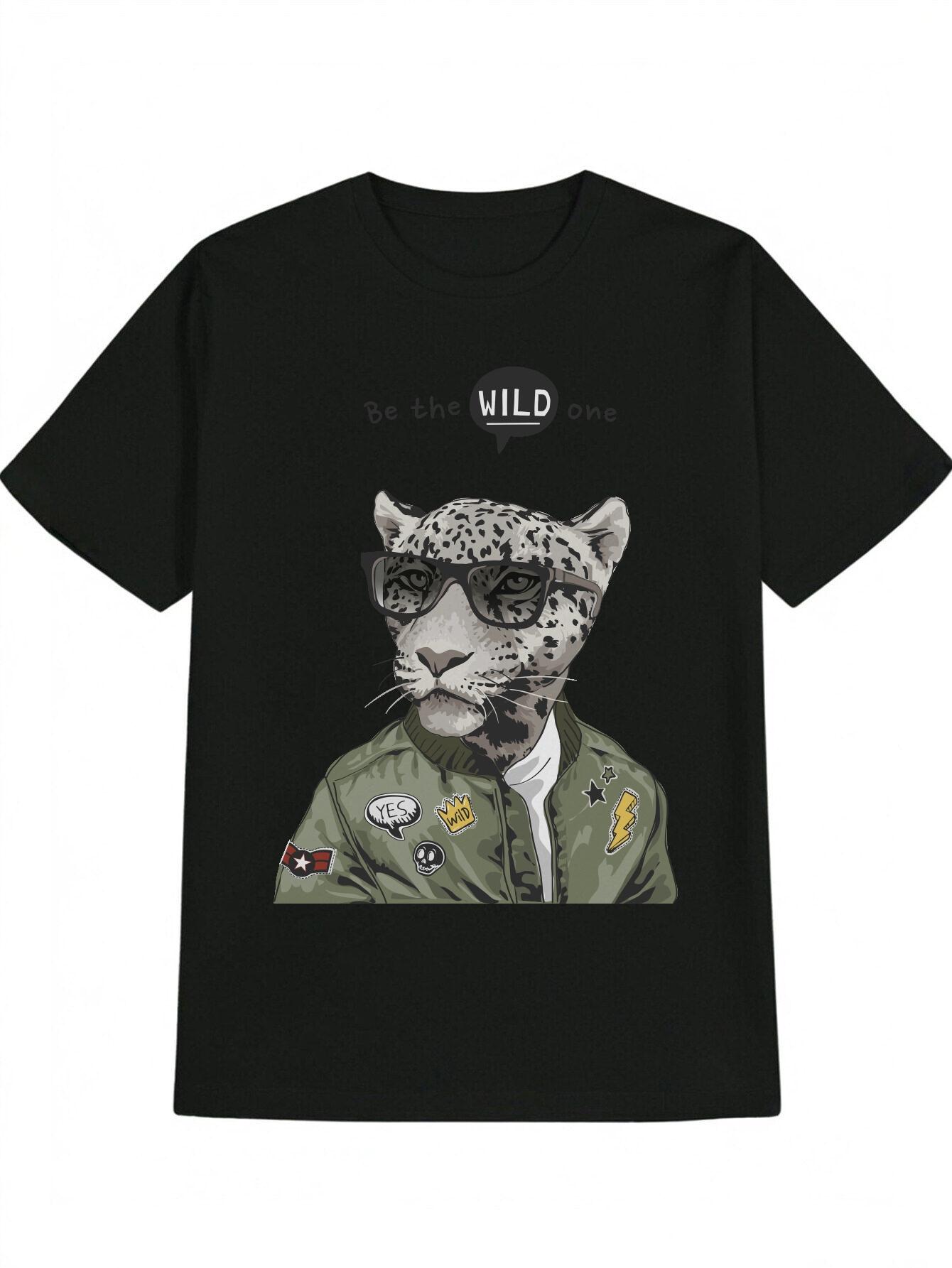 

Casual Graphic T-shirt with Leopard in Fashion Glasses & BE THE WILD ONE Print - Black Round Neck Summer Tee M