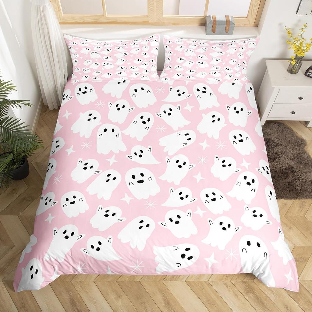 Ghost Duvet Cover Queen King Size Cartoon Cute Ghost Decorative Bedding Set for Kids Girls Teens Happy Halloween 3 Piece Set