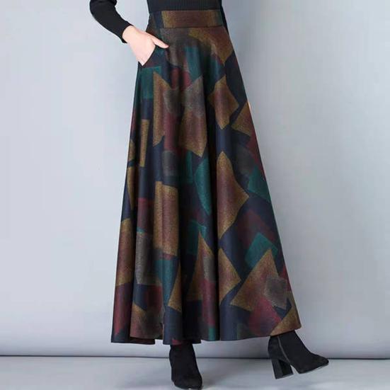 Woolen Skirt Elastic High Waist Large Hem Maxi Skirt with Pockets Plaid Pattern A-Line Autumn Winter Skirt Daily Wear