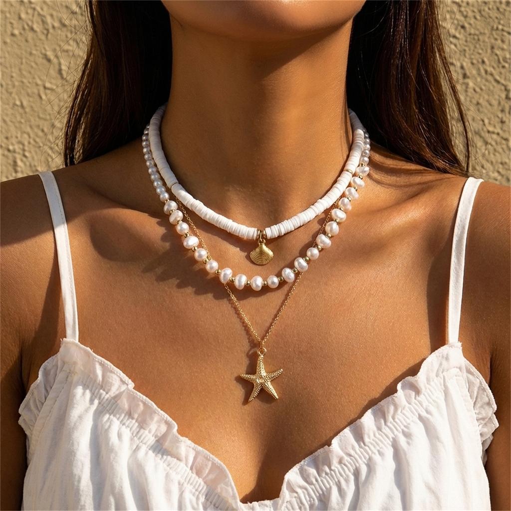 Bohemia Ocean Starfish Pendant Choker Necklace for Women Colorful Stone Imitation Pearl Shell Necklaces Holiday Party Jewelry