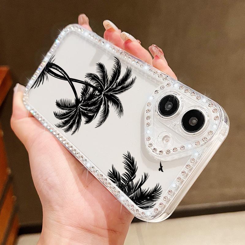 For iPhone 16 16E 15 Pro Max 14 Pro 13 12 11 Case Diamond Frame Coconut Tree Print Clear Shockproof Lens Protection Soft Silicone Phone Cover Shell
