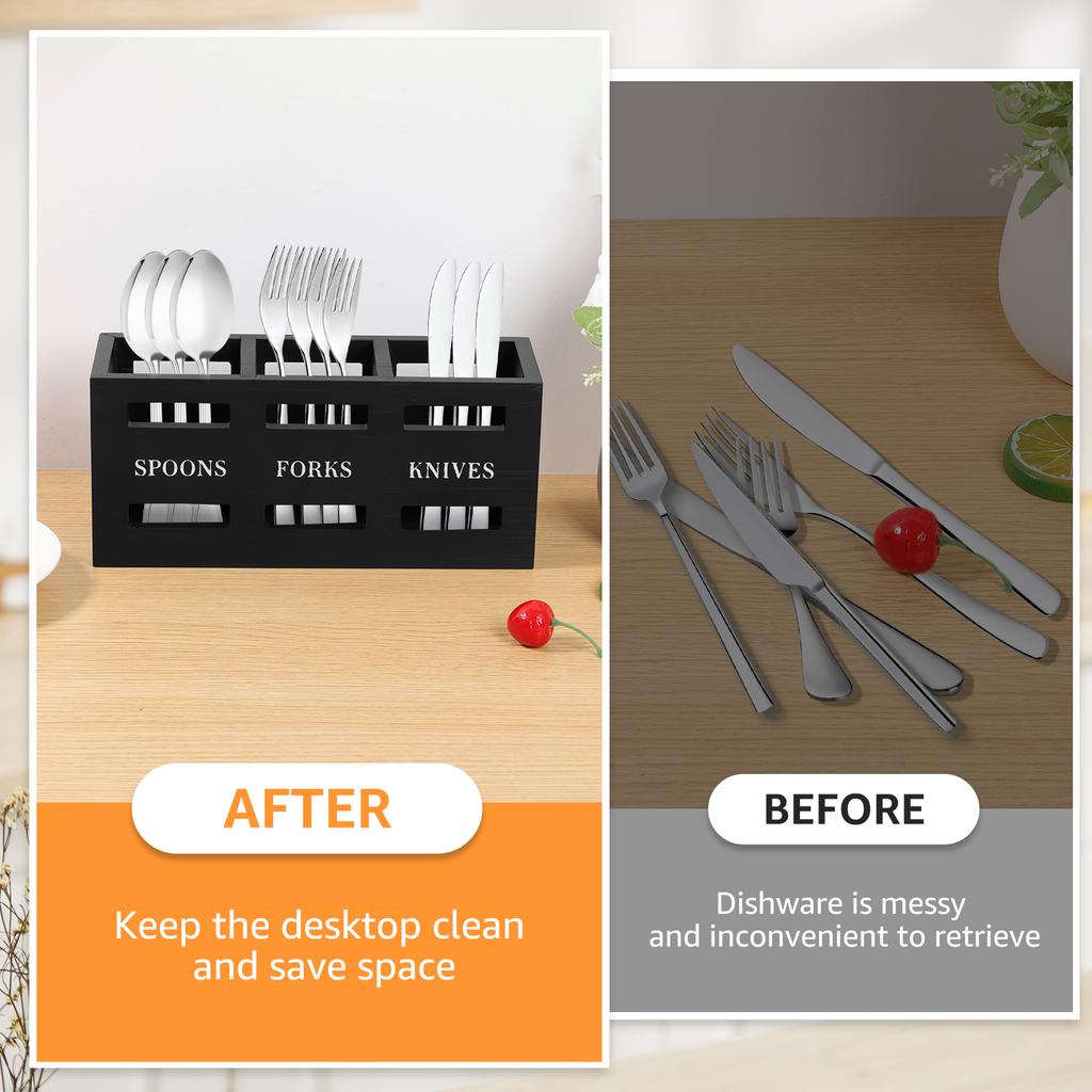 Silverware Caddy Wood Utensil Caddy with 3 Compartments Large Capacity Kitchen Flatware Utensil Holder for Forks Spoons Cutters