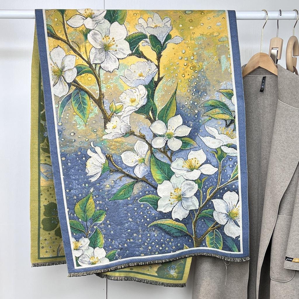 Autumn and winter national style plants and flowers new landscape painting elegant women imitation cashmere warm scarf fashion retro shawl