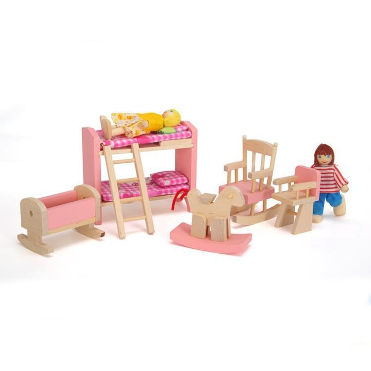 Entzückendes Holzpuppenhaus-Möbelset für Kinder mit farbenfrohen Schlafzimmer-, Küchen- und Wohnzimmer-Accessoires