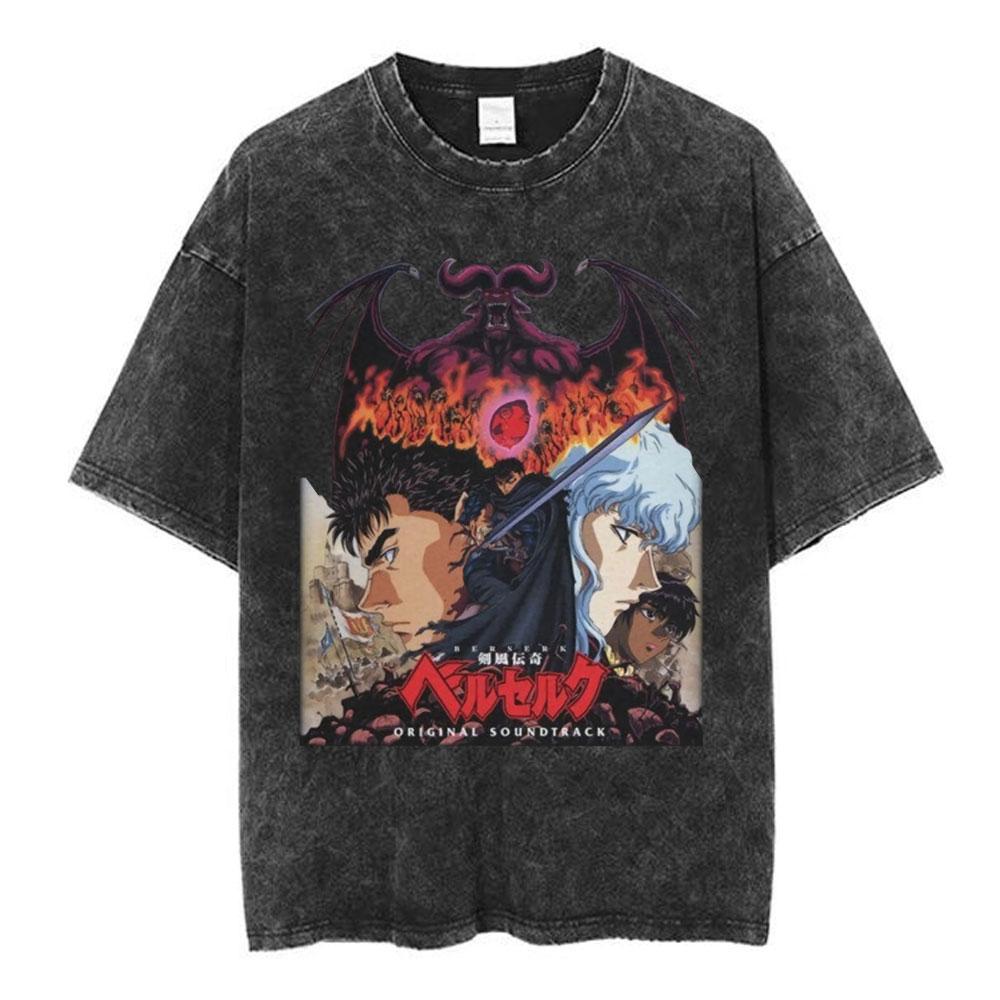 Japanese Anime Berserk Guts Vintage Washed T Shirt Griffith Swordsman Gatsu Sacrifice Zodd T-shirts Unisex Cotton Casual T-Shirt