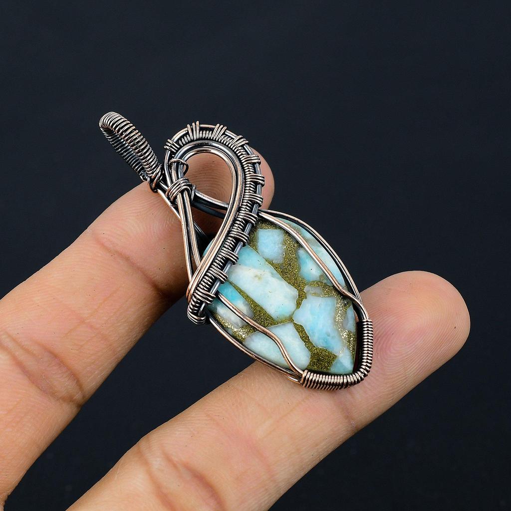 Copper Larimar Pendant Gemstone Handmade Jewelry, 999 Copper Wire Wrapped Pendant, Gift For Wife Jewelry