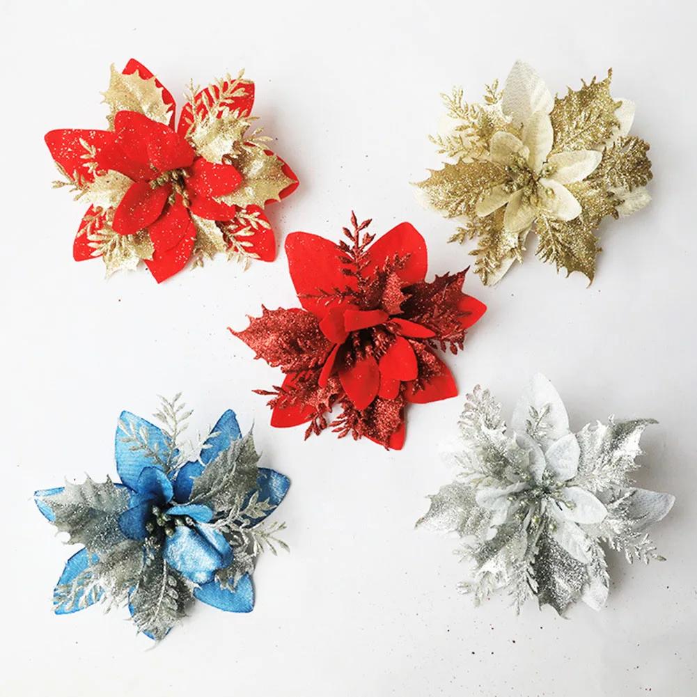 Christmas Poinsettia Glitter Flower Hanging Xmas Party Tree Decoration Home Decor Xmas Christmas Tree Ornaments