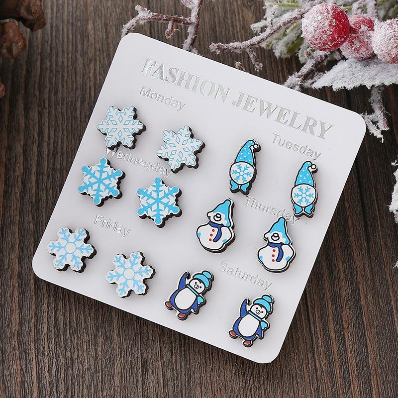 Hot Sale New Christmas Series Wooden Earrings Christmas Tree Bells Snowman Stud Earrings Set