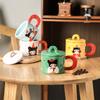 Cute Happy Girl Mug Candy Color Girl Ceramic Cup with Lid Cup Couple Household Milk Breakfast Cup