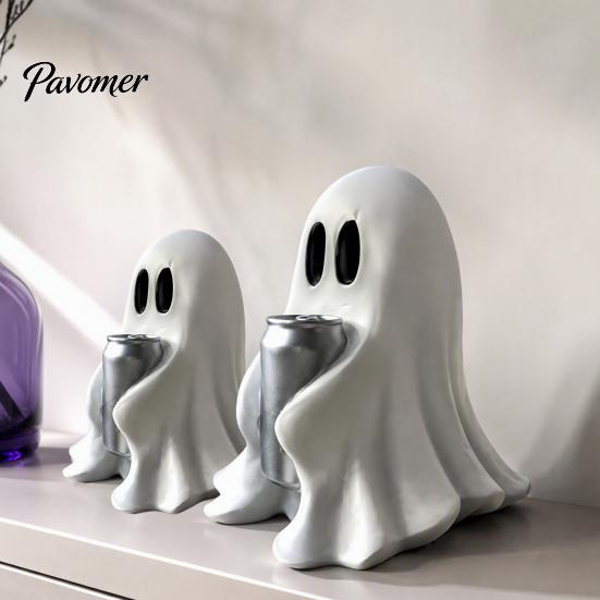 Decorative Resin Crafts Halloween Ghost Figurine with Drinks, Statue, Cute Spooky Desktop Seasonal Home Table Decorations Ornament for Party Tabletop