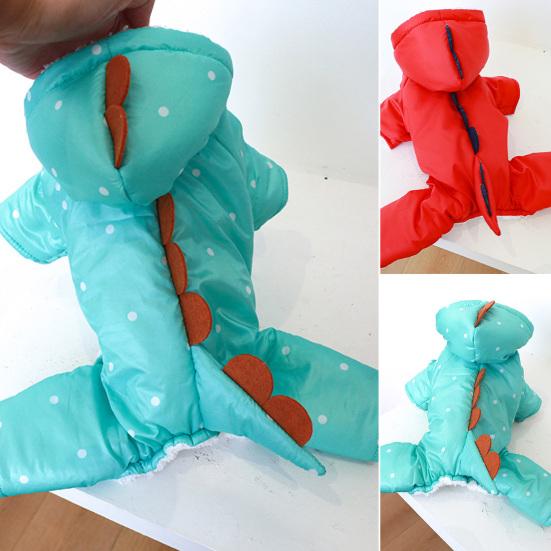 

Костюм для питомца, 4-ноги, цветной, ветрозащитный, снегозащитный, водонепроницаемый, нарядный, в мультяшной форме, дизайн в горошек с динозавром