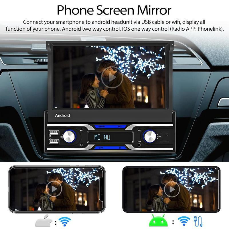 1 Din 7 Zoll Android 10.1 Autoradio Autoradio Unterstützung Wireless Carplay und Android Auto GPS Navigation Wifi Bluetooth USB FM Rückansicht
