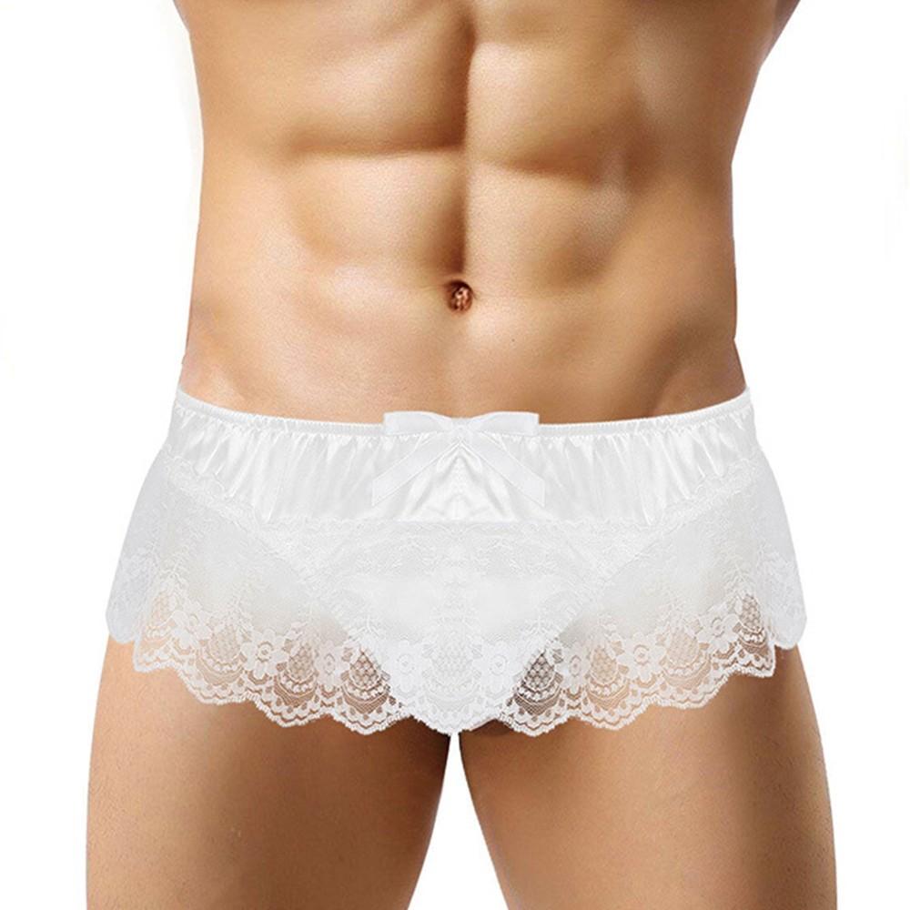 Men Sissy Lace See Through Panties Sexy Satin Thong Briefs Underwear