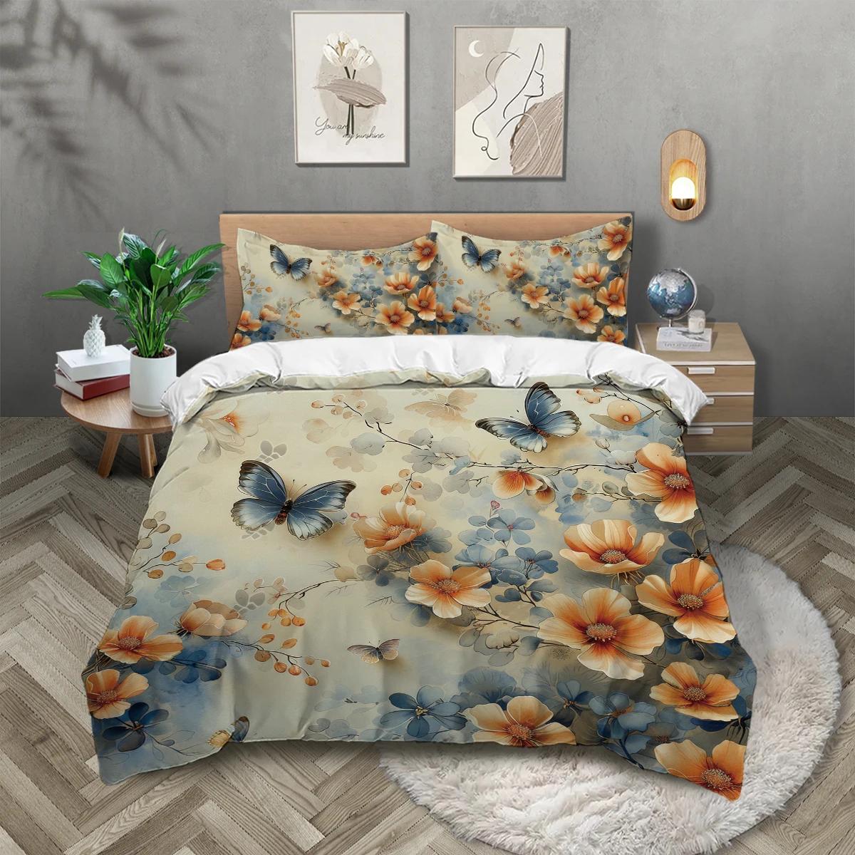

3pcs Floral and buttterfly pattern printed bedding set 1*duvet cover+2*pillowcase Polyester soft bedroom decoration bedding EU Twin(135x200cm)