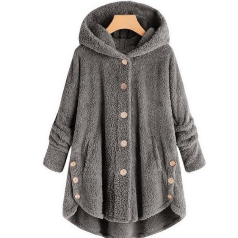 Women S Solid Color Hooded Button Plush Casual Coat
