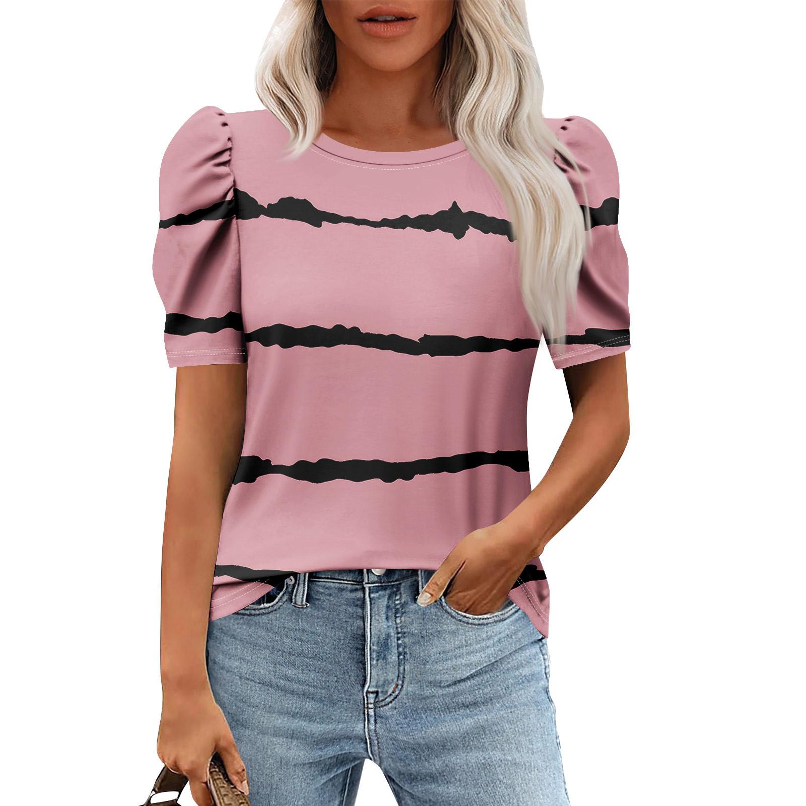 

Жіночі повсякденні пухові топи з короткими рукавами Модні туніки з круглим вирізом Літній одяг L рожевий