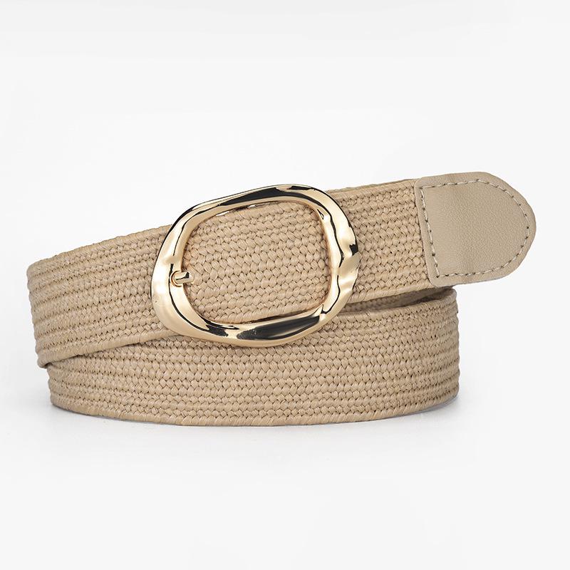 Women's Elastic Woven Straw Belt with Egg Shape Alloy Buckle - Retro Casual Design