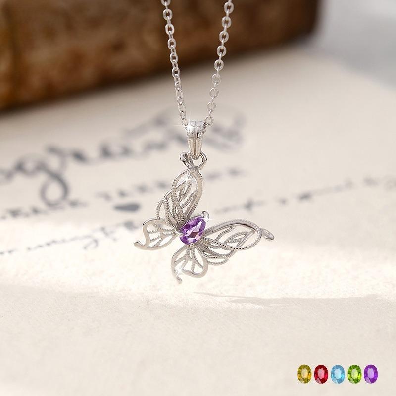 Natürlicher Kristallstein Schmetterling Anhänger S925 Sterling Silber Nicht verblassende Halskette Premium Granat Topas Schlüsselbein Kette