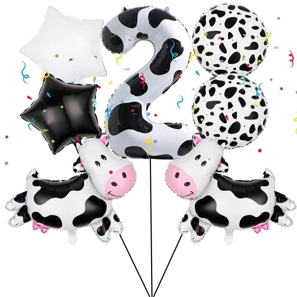 7pcs Cartoon Big Cow Balloon 40inch Black White Cow Number 0-9 Balloon Set Kid's Birthday Farm Animal Party Balloon Decoration