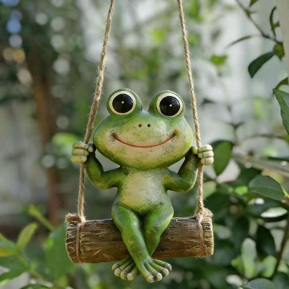 Cute Garden Animal Statue Resin Garden Art Sculpture Animal Sculpture Frog Swing Ornament Patio