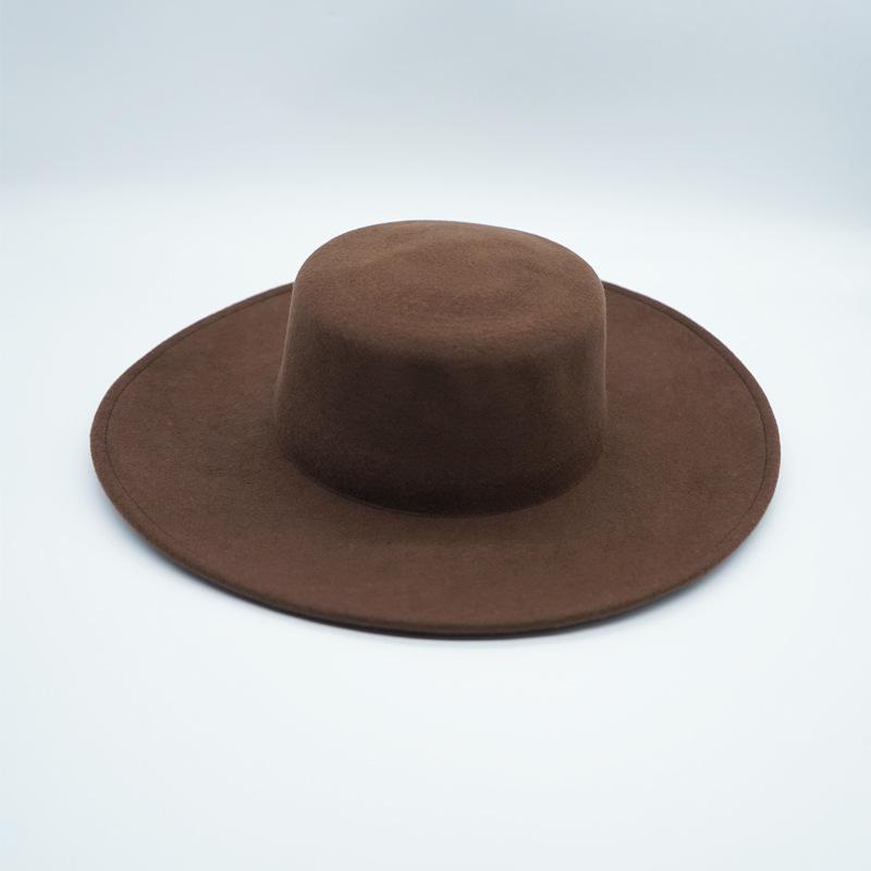 Коричневая Шляпа с Большими Полями Широкополая Французская Ретро Шерстяная Панама Плоская Тулья Цилиндр Женская Осенне-Зимняя Британская Фетровая Уличная Шляпа M（56-58cm）