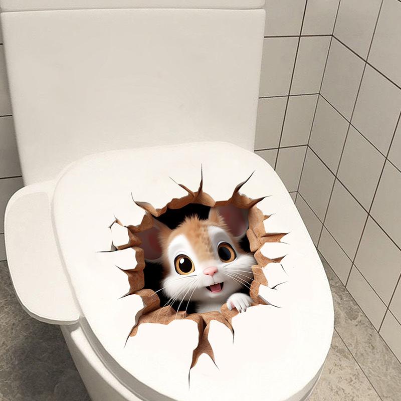 Self-adhesive 3D Cartoon Mouse Breaking Wall Toilet Sticker Waterproof for Bathroom Toilet Seat Decor