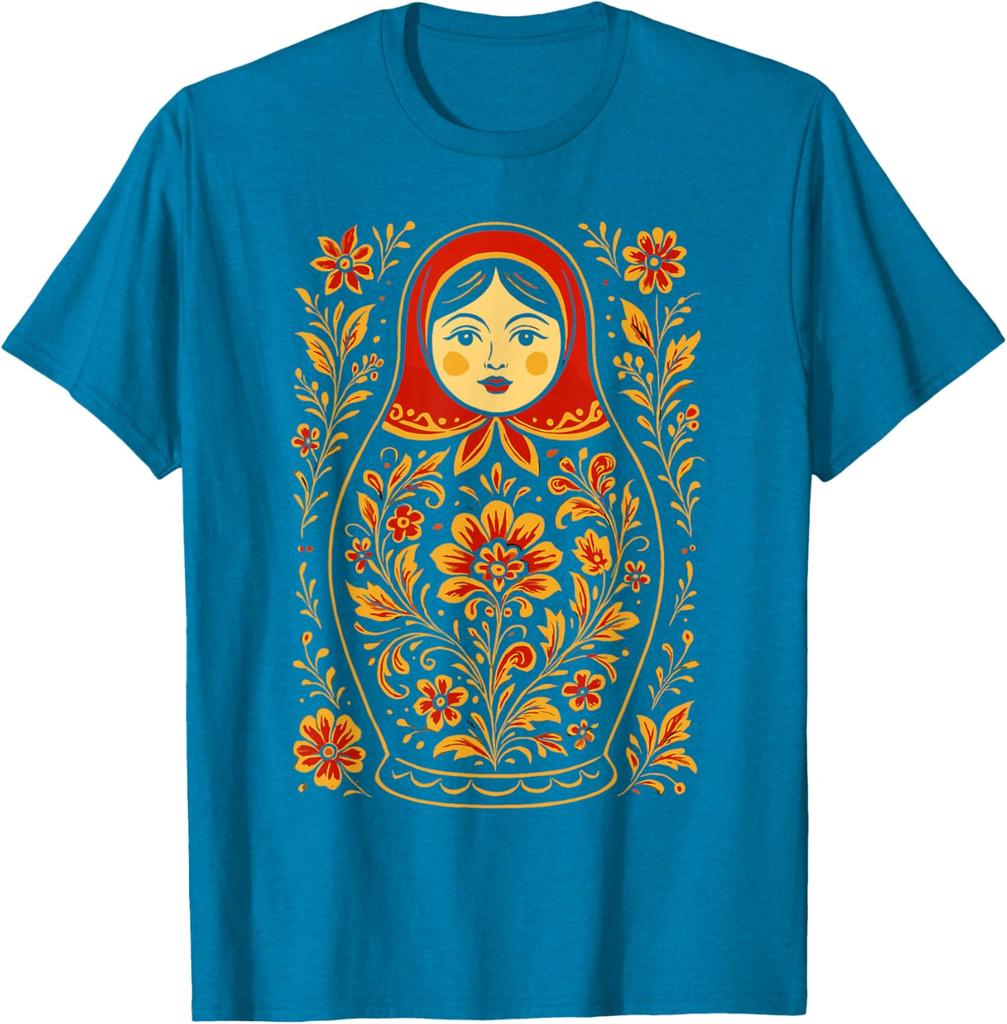 Matryoshka Doll Floral Print Graphic Tee Russian Nesting Folk Art Casual Cotton T-Shirt
