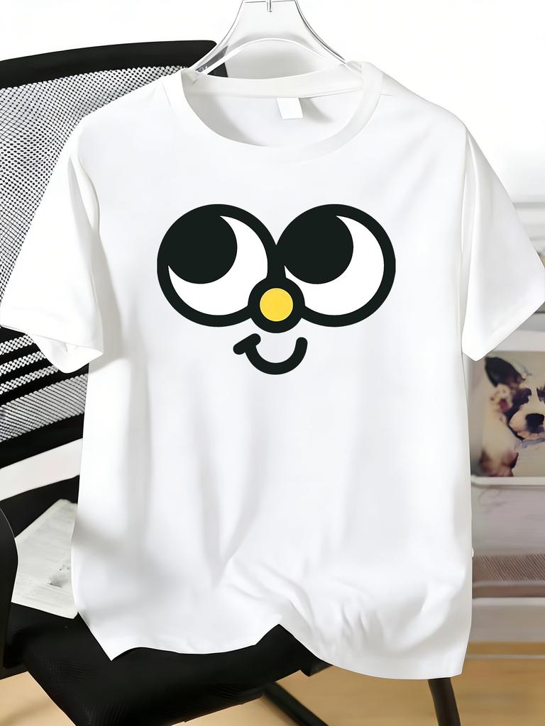 Mens Tee Big Eyes Cute Smiling Face Cartoon Print Cotton Short Sleeve Male Casual Streetwear Ou