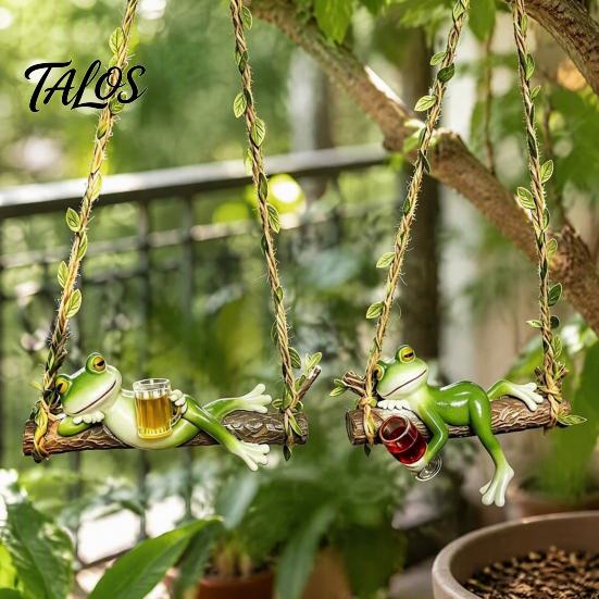Whimsical Tree Hanging Sculpture 2Pcs Swing Frog Garden Statue with Hemp Rope, Ornament Beer/Wine Creative Landscaping Gifts for Outdoor Decor,