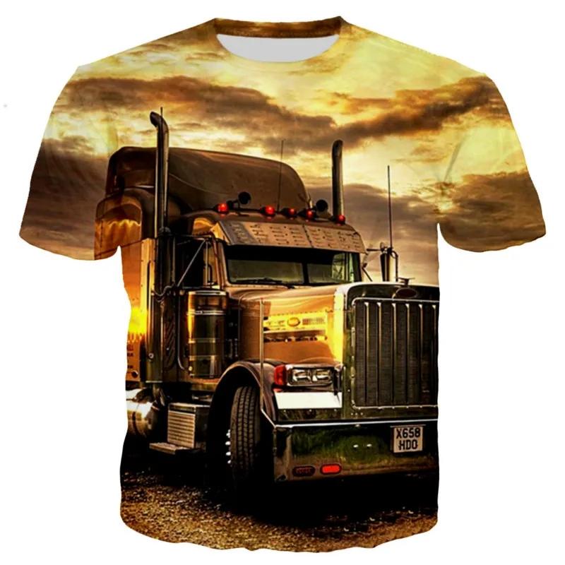 Summer Fashion New Heavy Truck Pattern Men's Print Image Fun Round Neck Short Sleeve Extra Large Comfortable Top