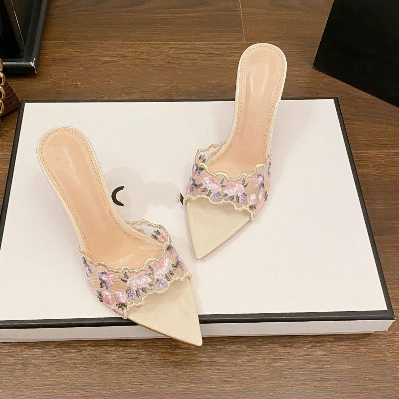Summer Women's Embroidered Pointed-toe Stiletto Mules Comfortable High-heeled Slides For Outdoor Wear