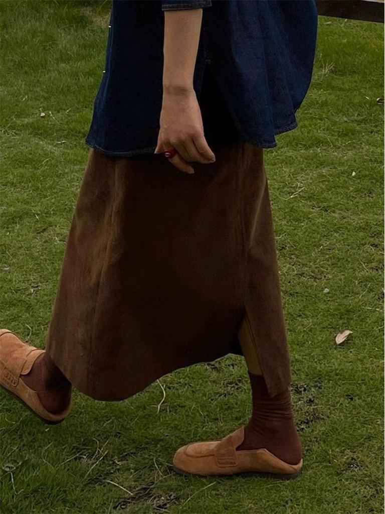 Women's Retro Corduroy Bodycon Mid-Length A-Line Skirt with Slit and Buttons