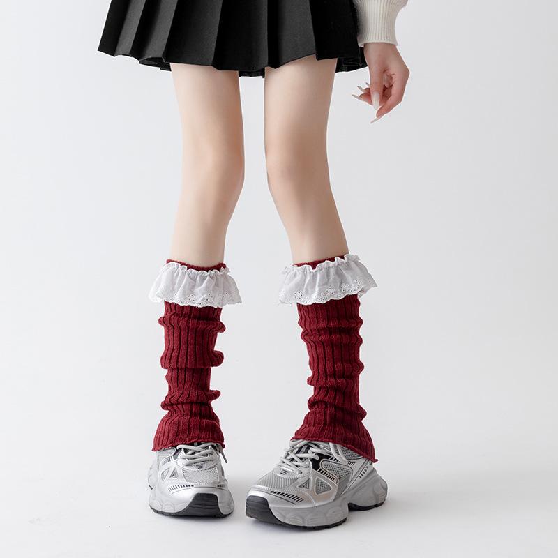 Women's Autumn Winter Red Leg Warmer Lolita Lace Frilly Heap Sock JK Knitted Foot Cover Arm Warmer Christmas New Year Boot Cuffs