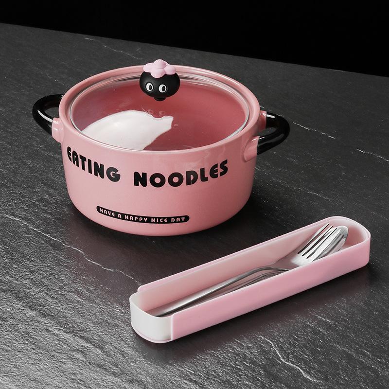 High-value Cute Instant Noodle Bowl with Lid 2024 New Household Binaural Ceramic Soup Bowl Student Dormitory Snail Powder Bowl
