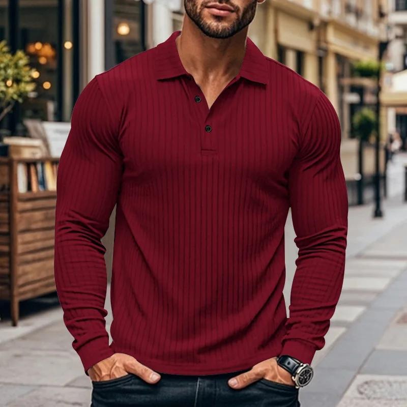 Cross-border Autumn and Spring Men's Classic Casual American Lapel Button-up Long-sleeved T-shirt Elastic Polo Shirt